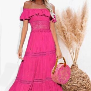 Pink boho off shoulder maxi dress
